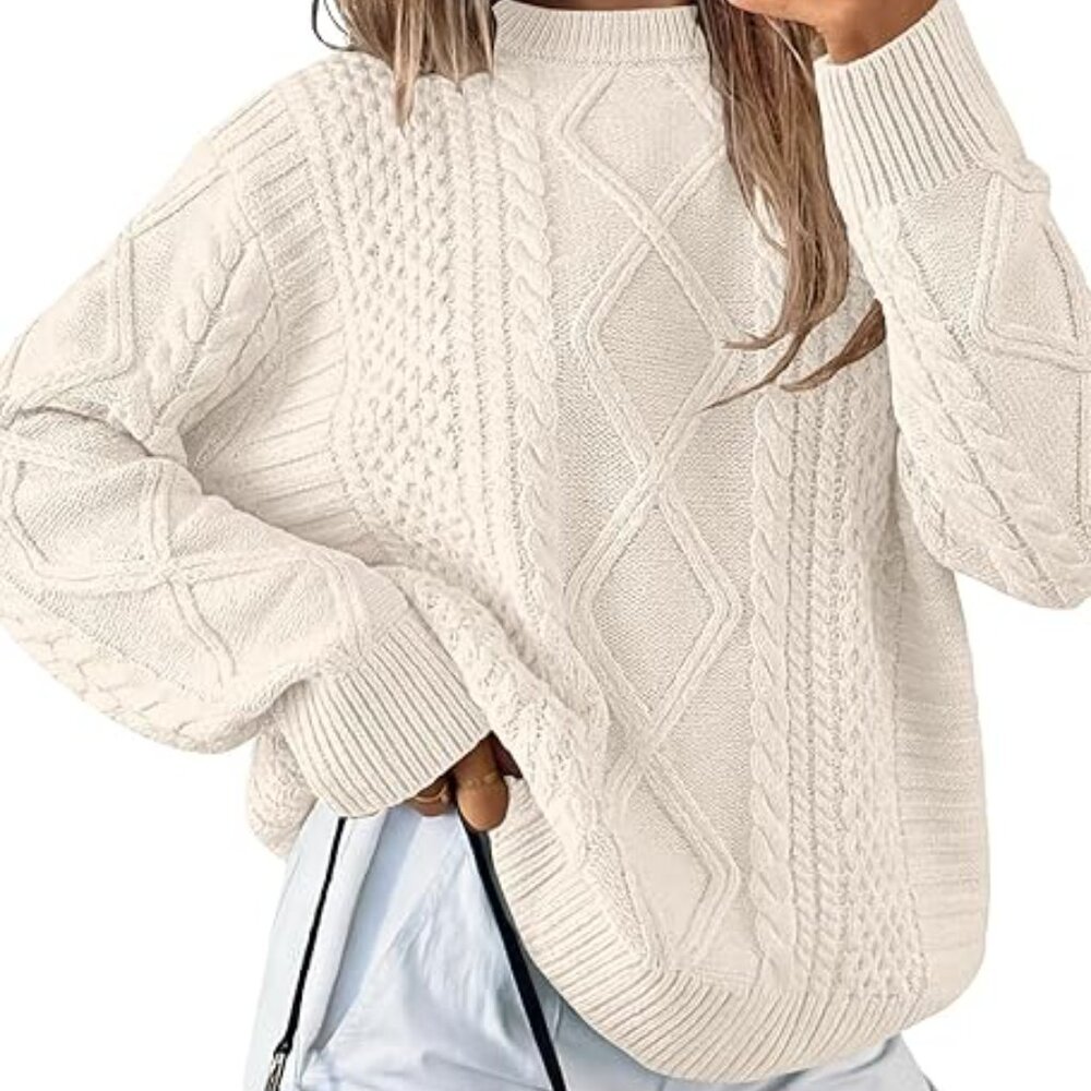 Cable Knit Fall Long Sleeve Crewneck Casual Pullover Sweater in Apricot